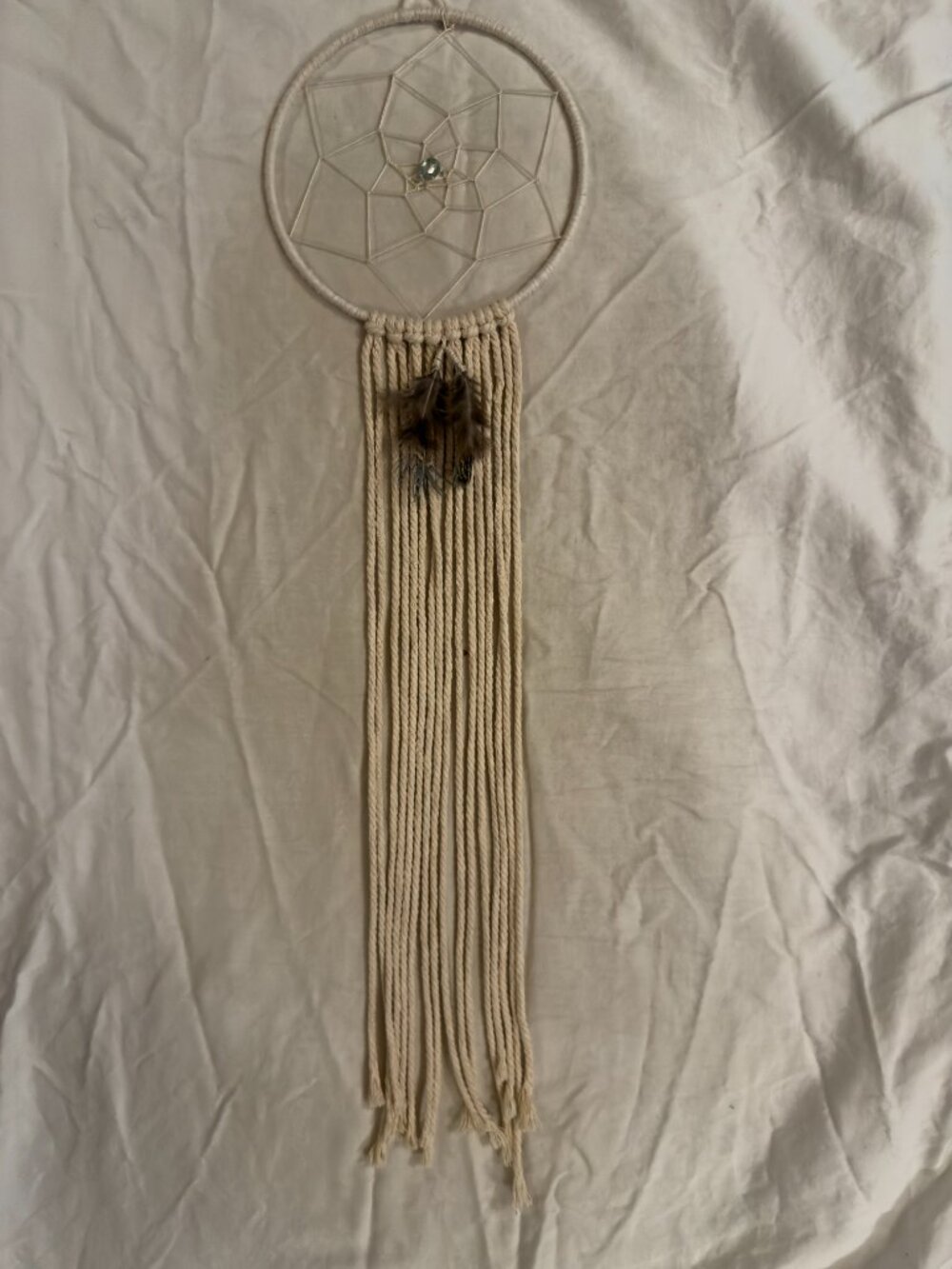 6" Wrapped Round Ring Boho Macrame Natural Cream Dreamcatcher with real Feathers